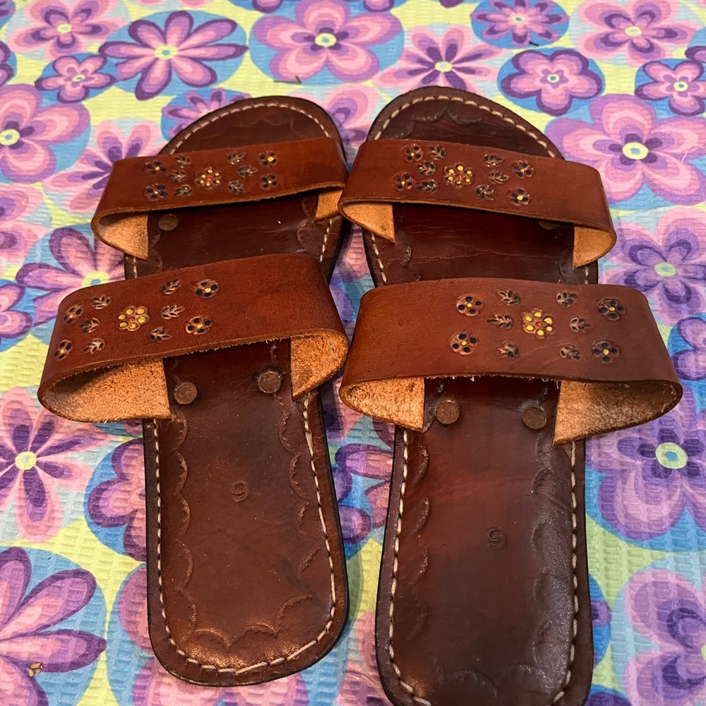Brown Leather Floral Sandals